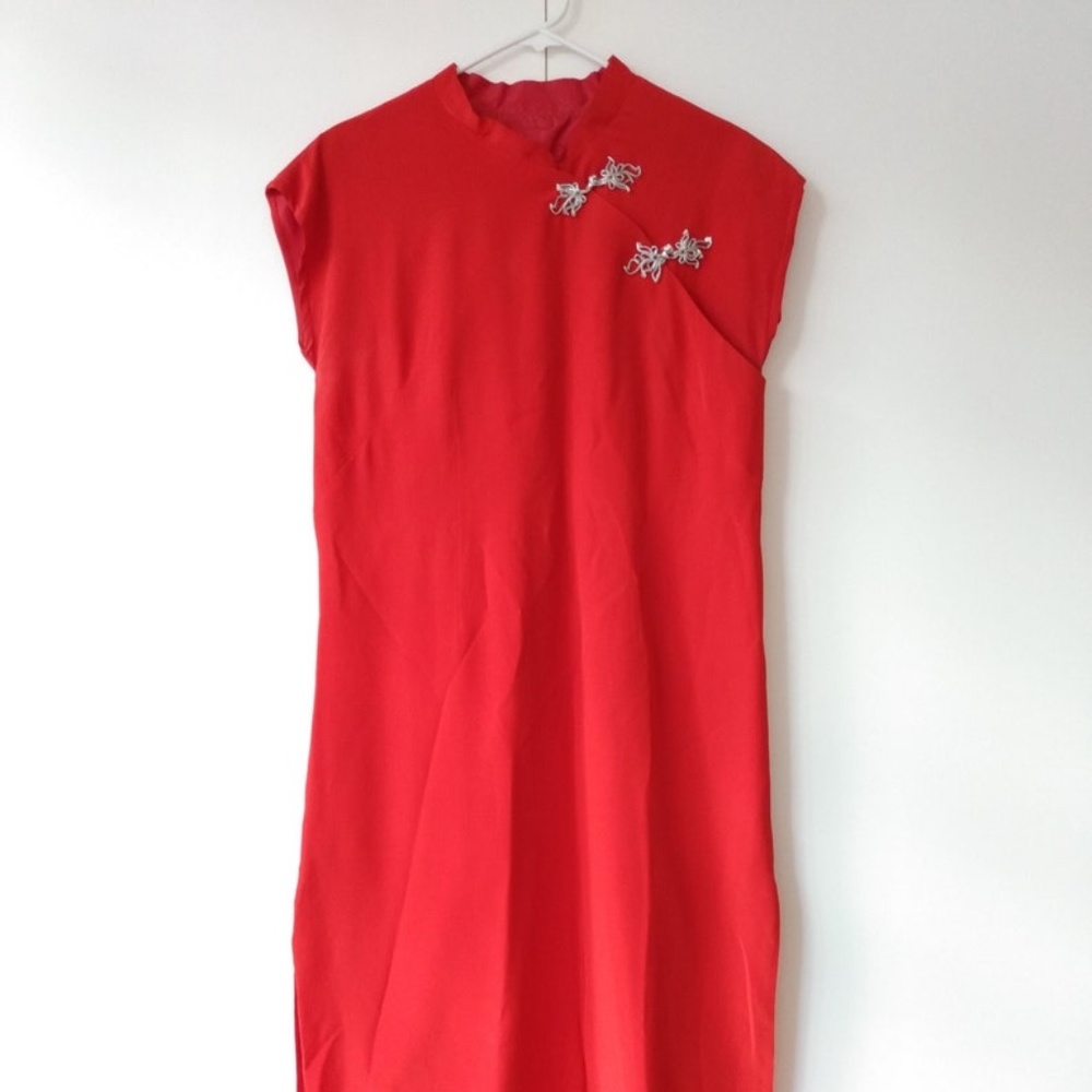 Vintage Red Cheongsam Dress Qipao 39"B 40"W Handmade Lined